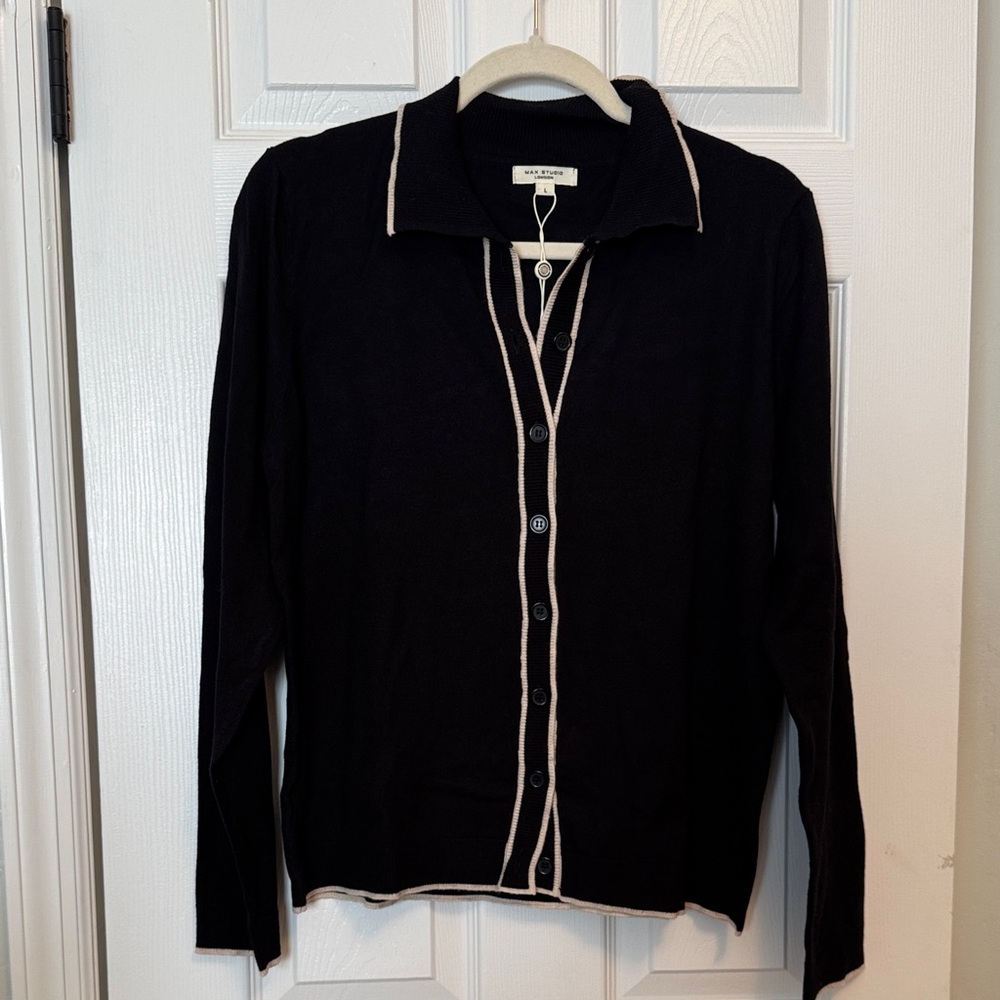 Max Studio Black Cardigan with Cream Accents